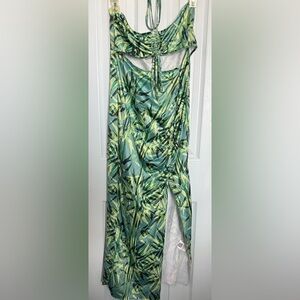 SHEIN Tropical Print Drawstring Halter Dress